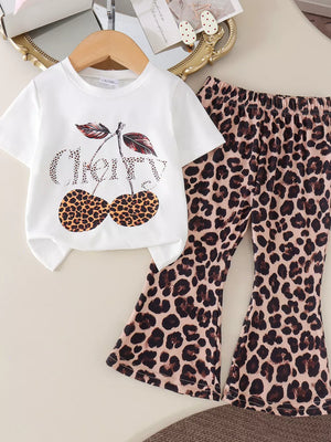 White Children's Cherry Leopard Tee And Flare Pants Set