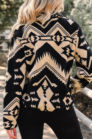 Aztec Print Fleece Snap Down Sweatshirt in Black
