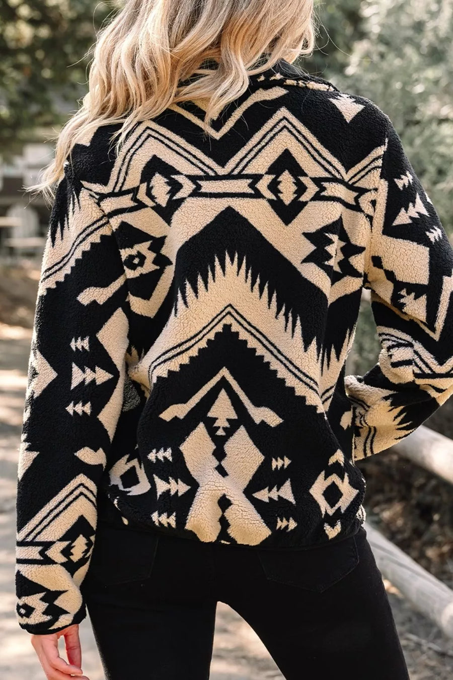 Aztec Print Fleece Snap Down Sweatshirt in Black
