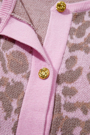 Pink leopard print cardigan with gold buttons
