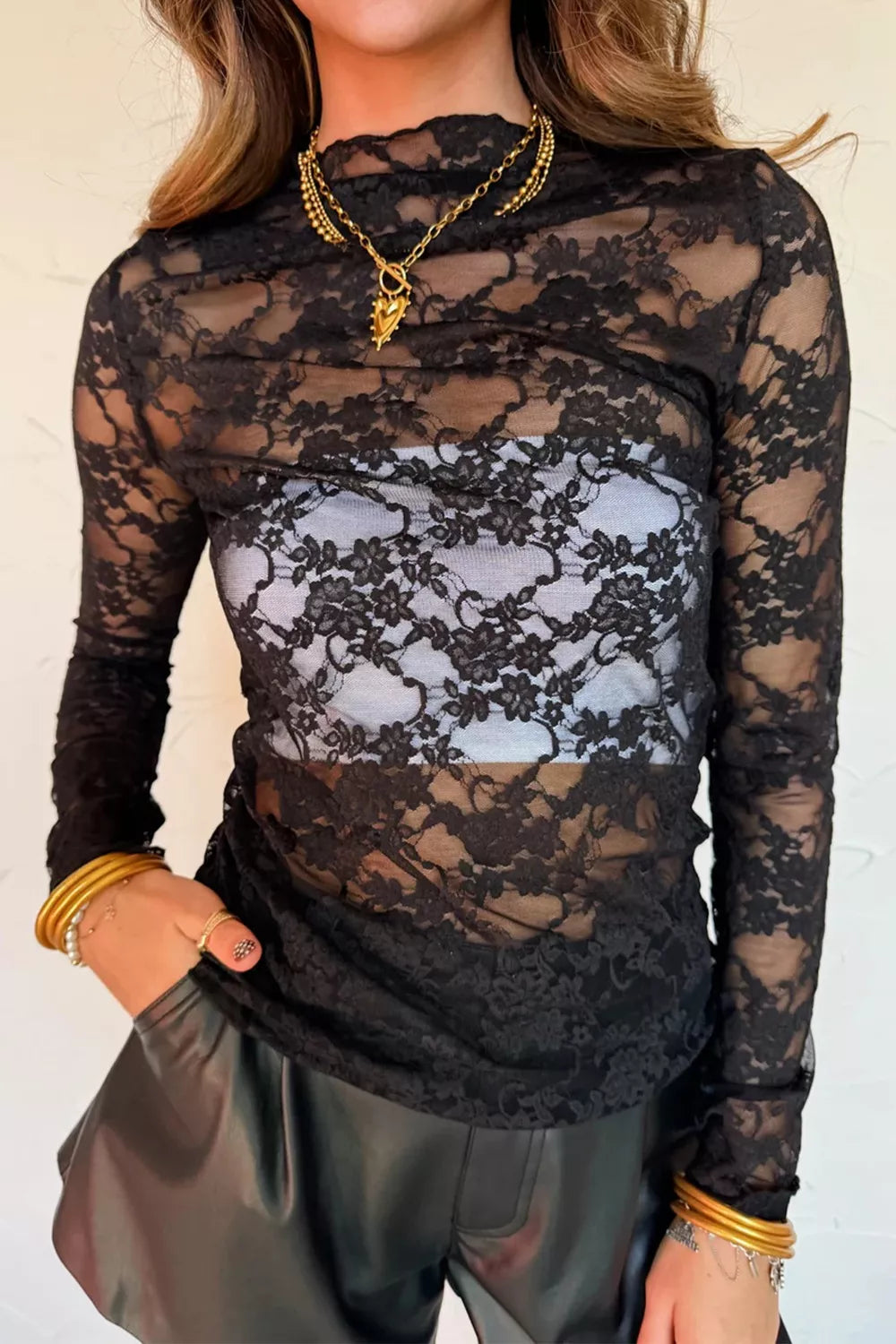 Black sheer floral lace fitted long sleeve shirt with mock neck
