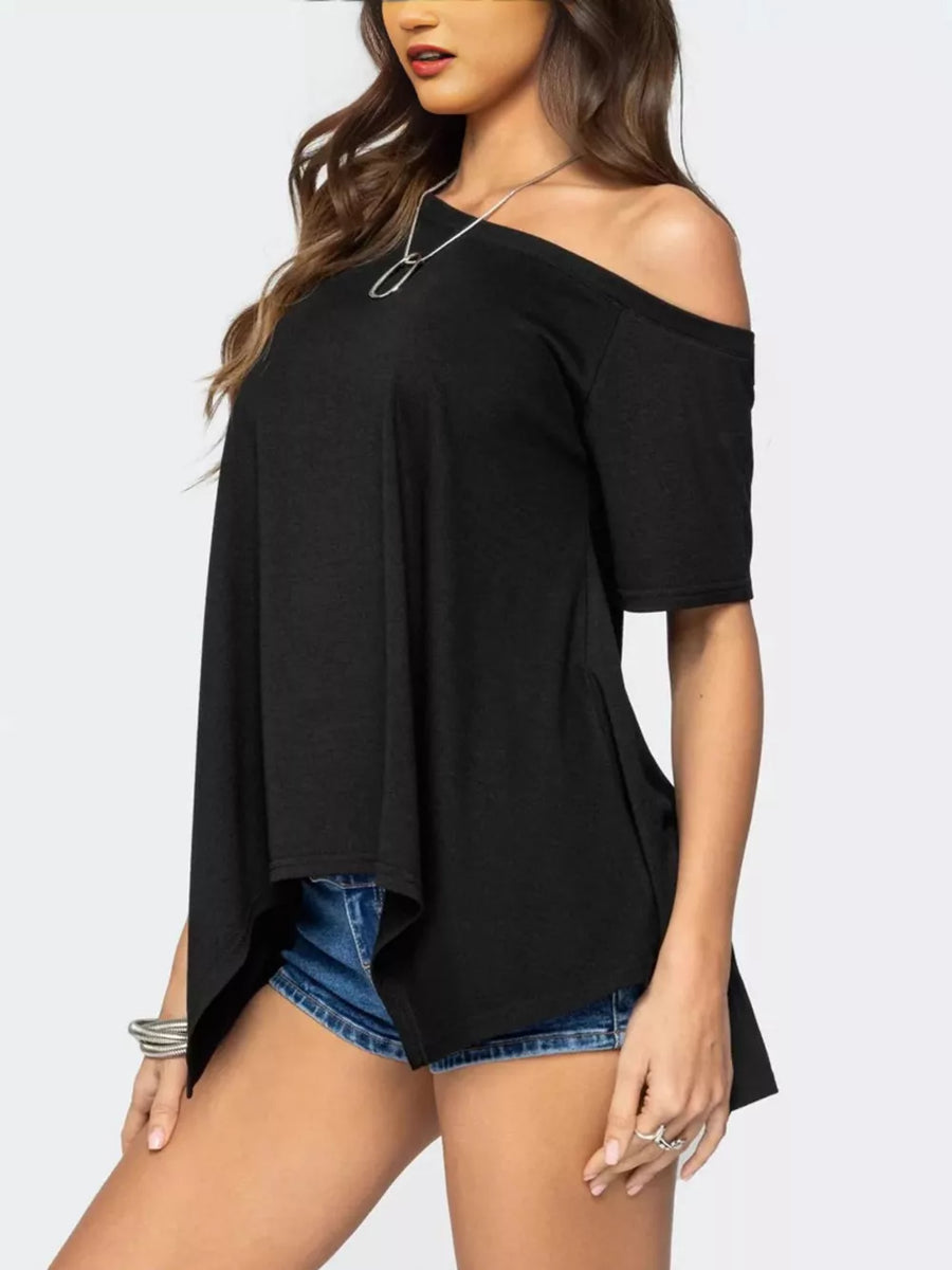 Black off-shoulder t-shirt with asymmetrical hem and short sleeves.