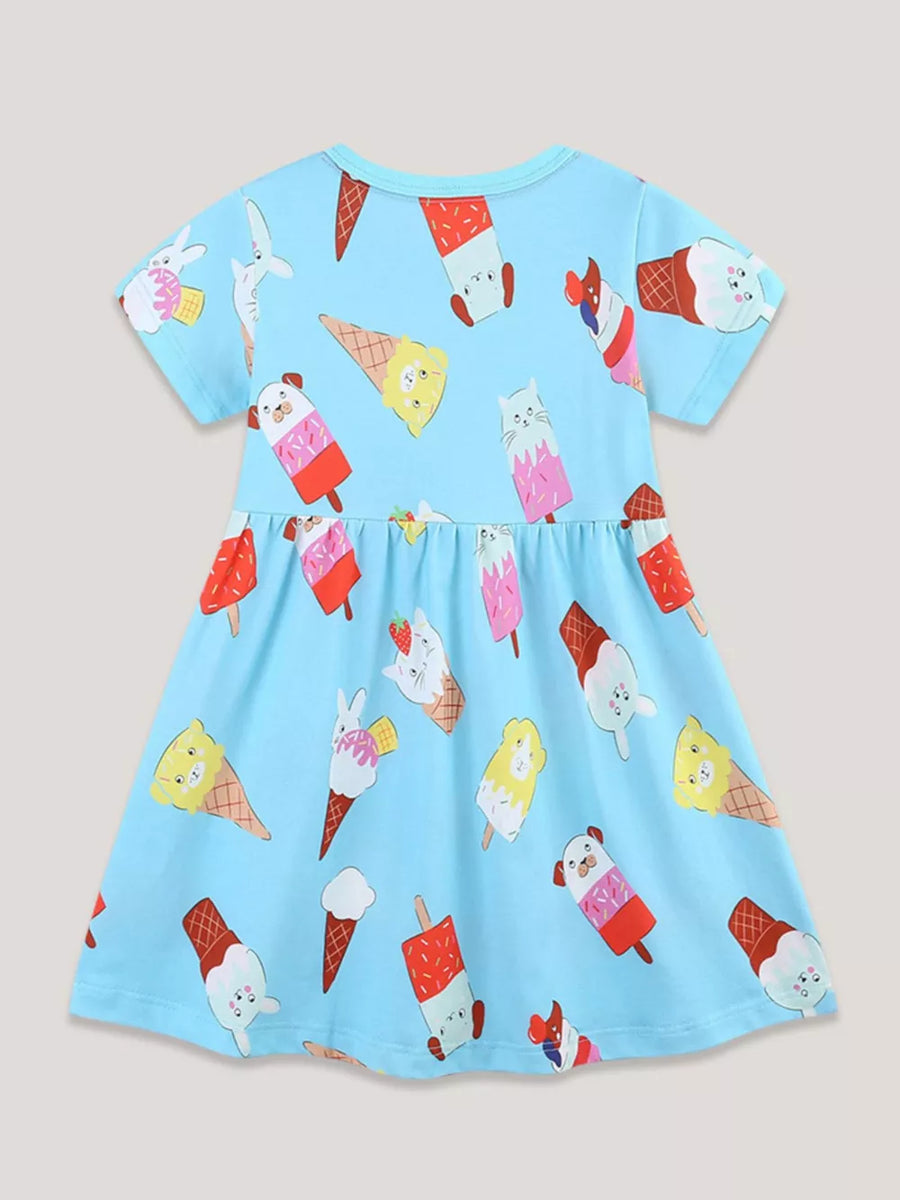 Blue cotton blend toddler dress with crew neck and allover ice cream print.
