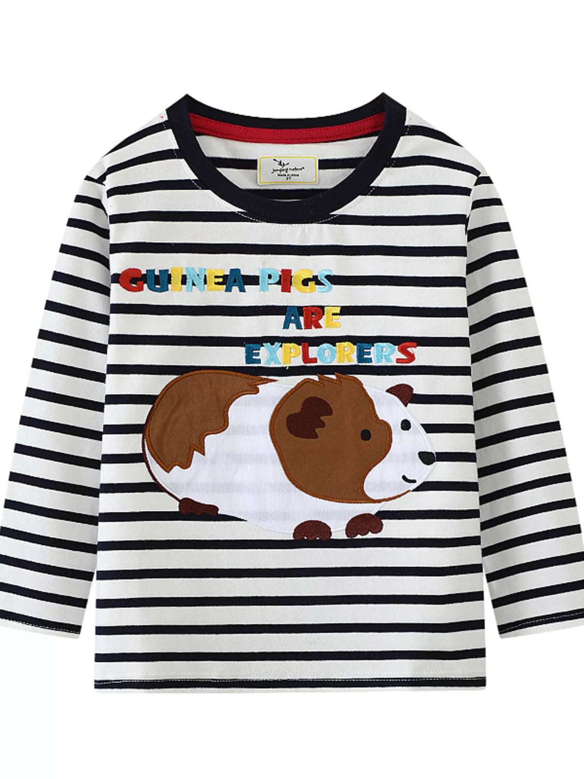 Baby long-sleeve tee with black and white stripes, featuring a guinea pig graphic and embroidered text.