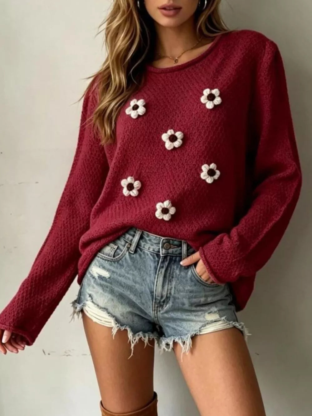 Floral Applique Textured Knit Sweater Plus Size in Burgundy with applique
