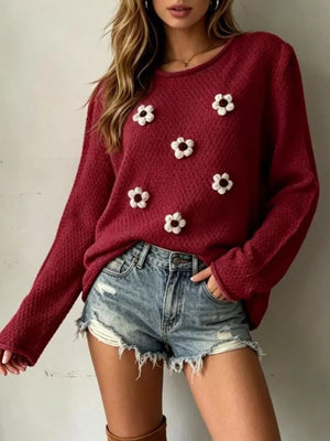 Floral Applique Textured Knit Sweater Plus Size in Burgundy with applique