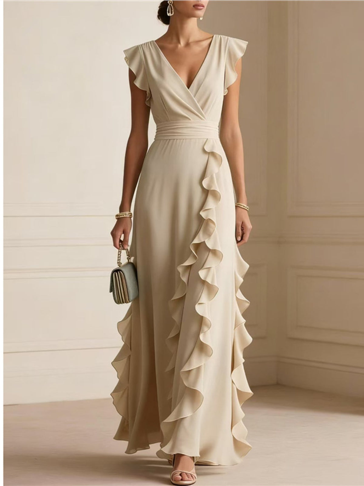 maxi dress in cream featuring ruffled and A-line fit