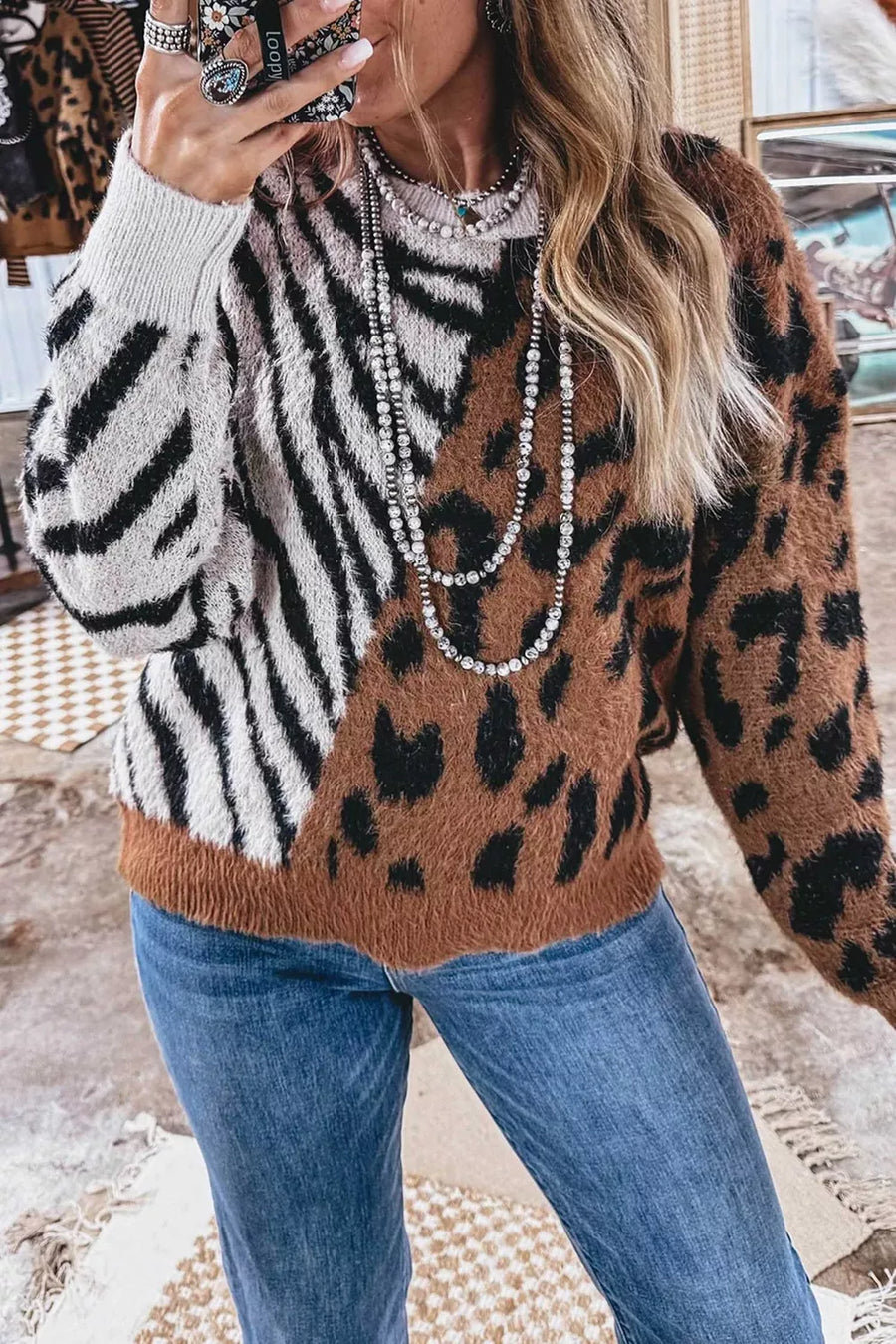 camel pullover sweater with animal-print and crew neck