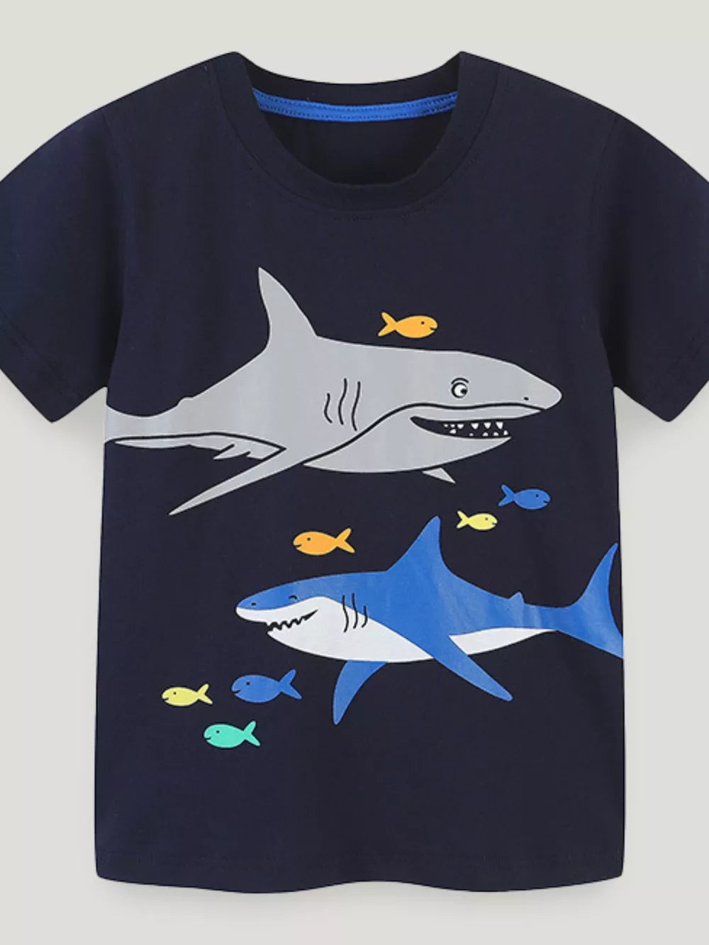 Navy cotton t-shirt with a graphic of two sharks and colorful fish.