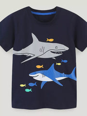 Navy cotton t-shirt with a graphic of two sharks and colorful fish.