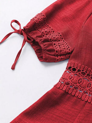 Red lace-embellished mini dress with tie sleeves and V-neck detail