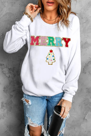 White sweatshirt with MERRY text appliqué and Christmas tree graphic