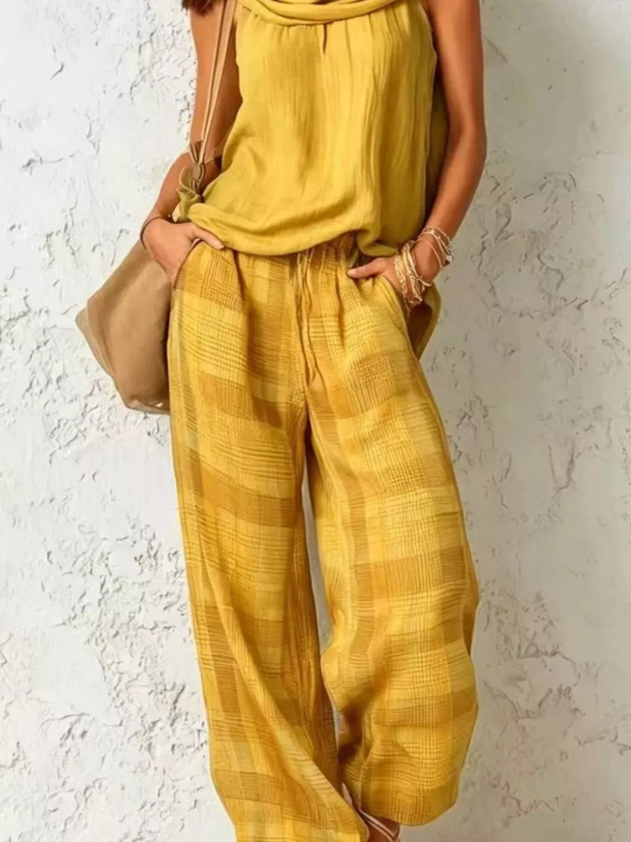 two-piece set in Yellow with cowl neck and sleeveless