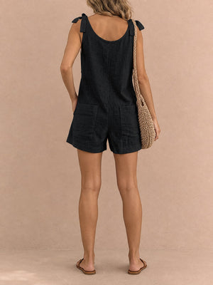 Full Size Tie-Shoulder Romper With Pockets in Yellow with adjustable straps