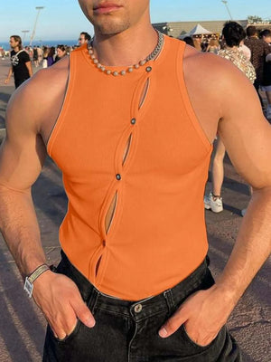 Tangerine ribbed tank top with asymmetric button-up detail and cutouts.
