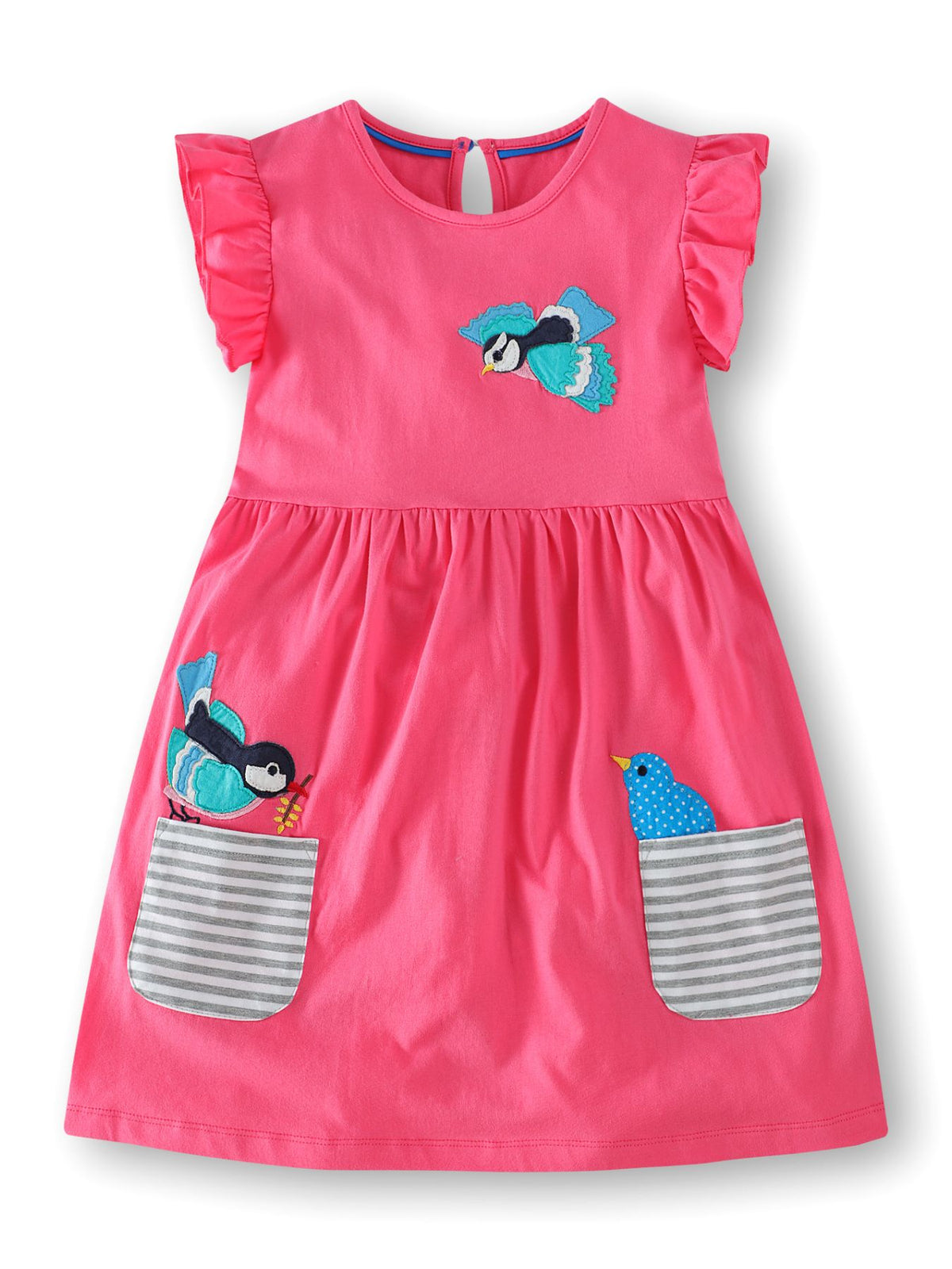 Strawberry cotton dress with ruffle sleeves, bird appliques, and striped pockets.