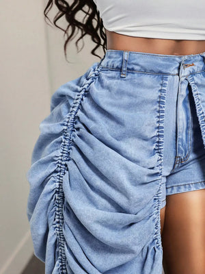 Ruching Detail Denim Shorts With Dramatic Draping in Blue