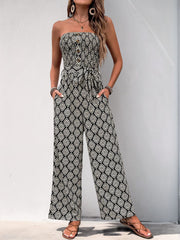 Black geometric print bandeau jumpsuit with belt and wide legs
