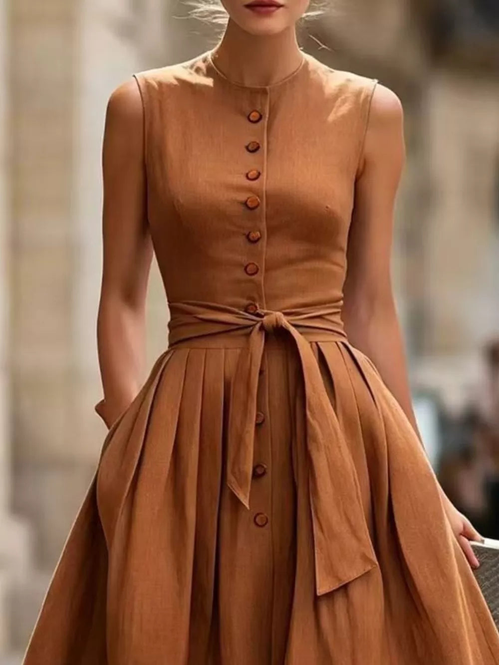 Black Sleeveless Button-front Belted Midi Dress Plus Size