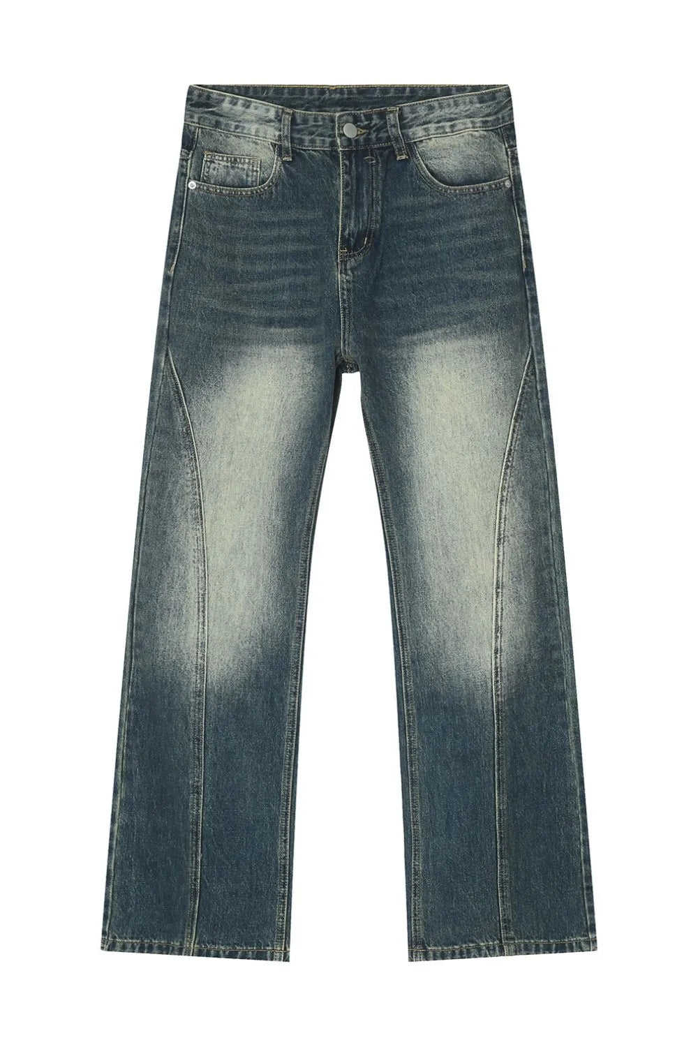 Panel seam washed denim trousers in dark blue with a faded effect and straight leg cut.