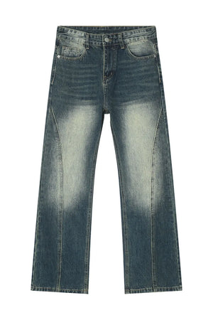 Panel seam washed denim trousers in dark blue with a faded effect and straight leg cut.