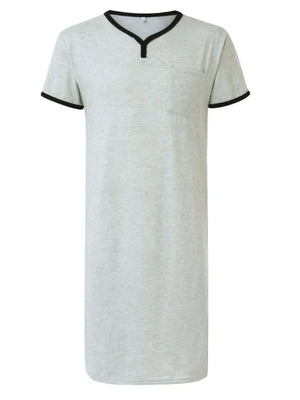 Gray sleep shirt dress with contrast trim neckline and sleeves, and a chest pocket.