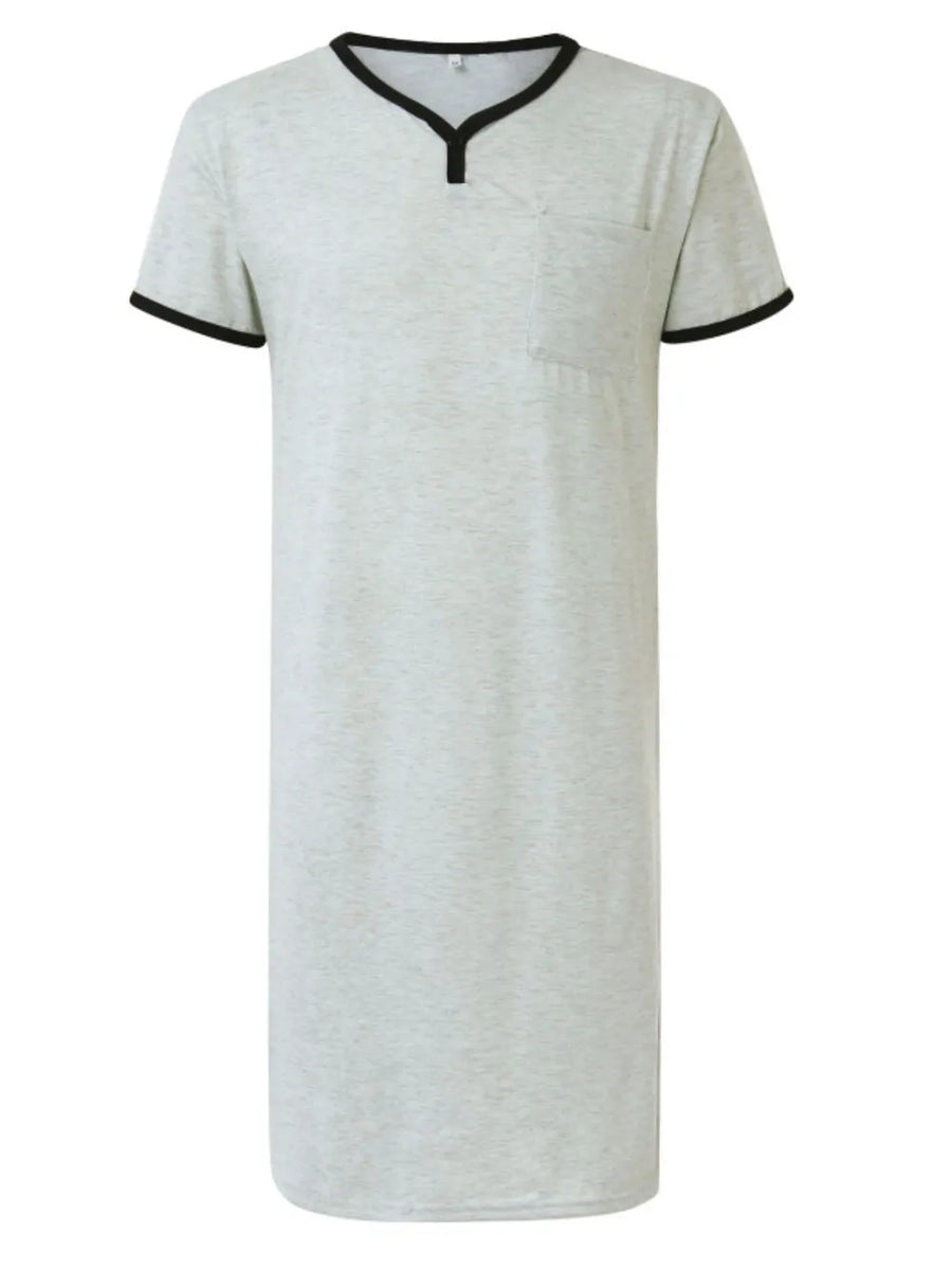 Gray sleep shirt dress with contrast trim neckline and sleeves, and a chest pocket.