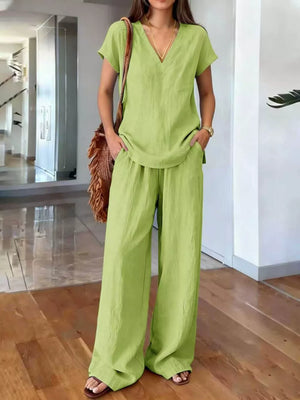 White Full Size V-neck Short Sleeve Top And Pants Set