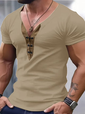 Men's khaki short sleeve t-shirt with lace-up V-neck detail