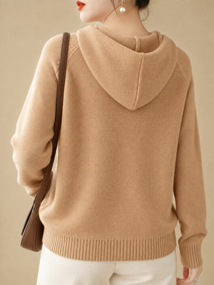 Drawstring Long Sleeve Hooded Knit Sweater in Deep Purple with drawstring