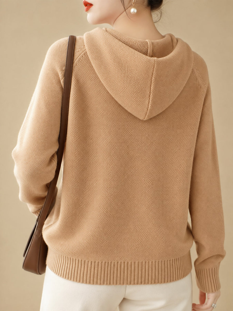 Drawstring Long Sleeve Hooded Knit Sweater in Deep Purple with drawstring