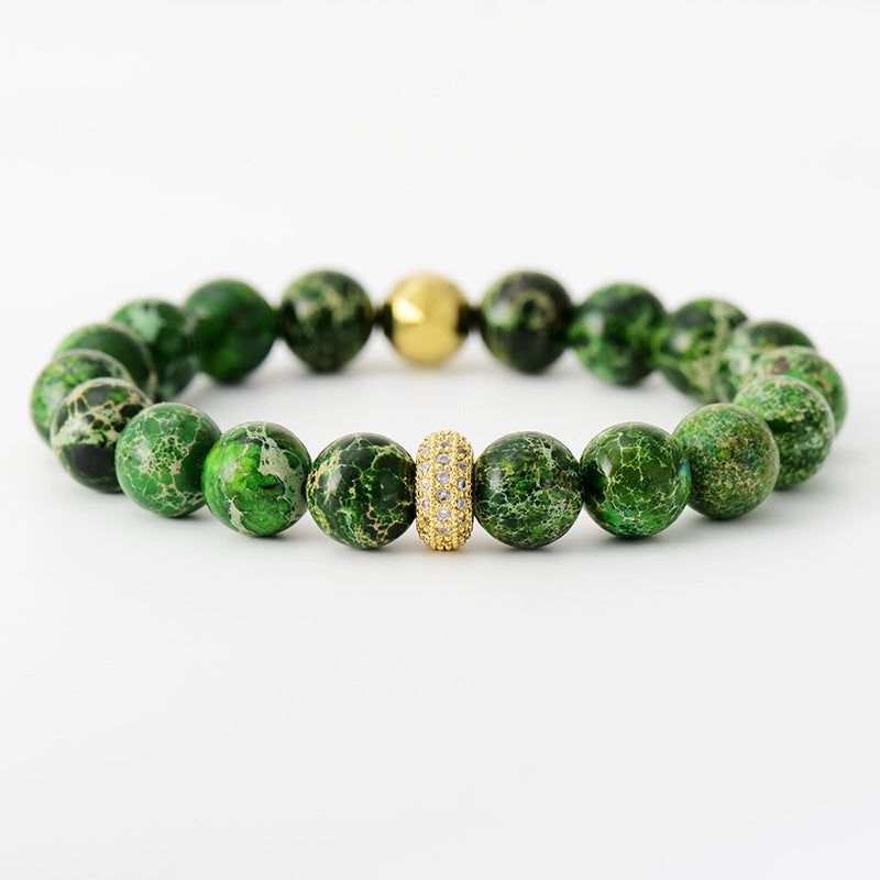 Green rainbow jasper bead bracelet with gold accents and pave detail