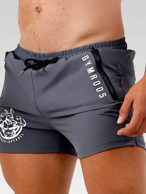 Dark Gray training shorts with drawstring, logo, and zippered pocket detail.