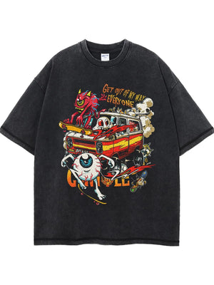 Black acid wash graphic tee with cartoon print and text Get Out Of My Way Everyone.