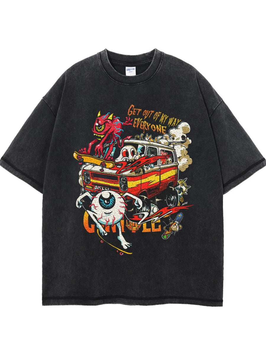 Black acid wash graphic tee with cartoon print and text Get Out Of My Way Everyone.