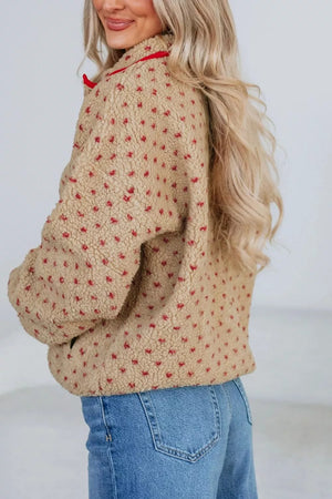 Camel with Heart Pattern Fleece Colorblock Collar Sweatshirt