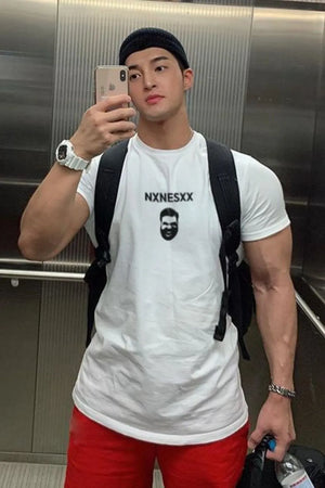 White graphic crew neck muscle tee with black graphic and text, short sleeves