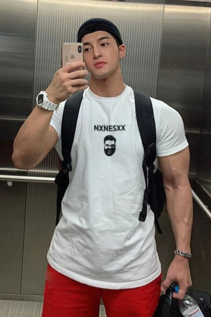 White graphic crew neck muscle tee with black graphic and text, short sleeves