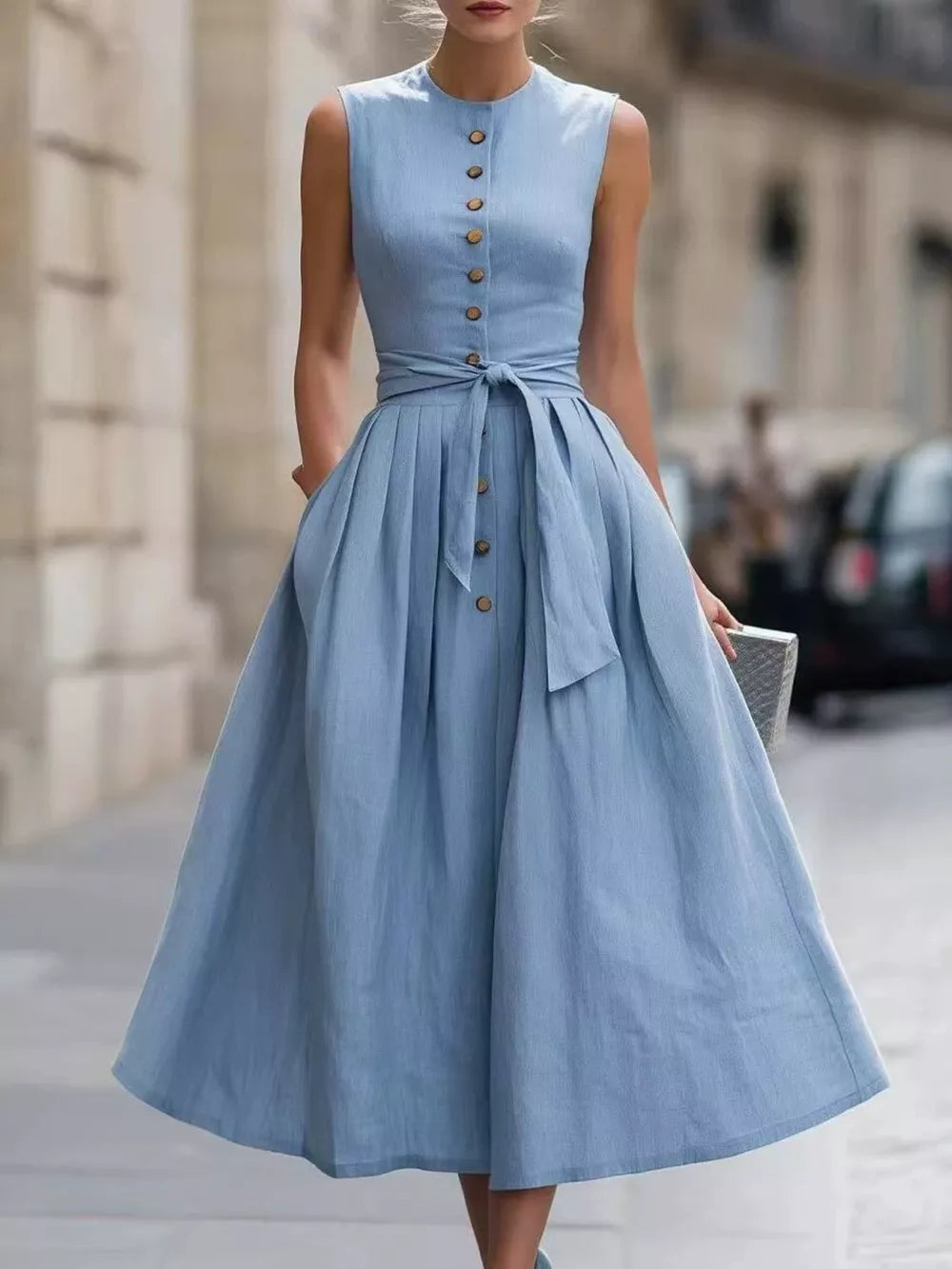 Sleeveless Button-front Belted Midi Dress Plus Size in Sea blue