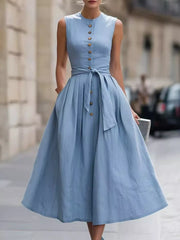 Sleeveless Button-front Belted Midi Dress Plus Size in Sea blue