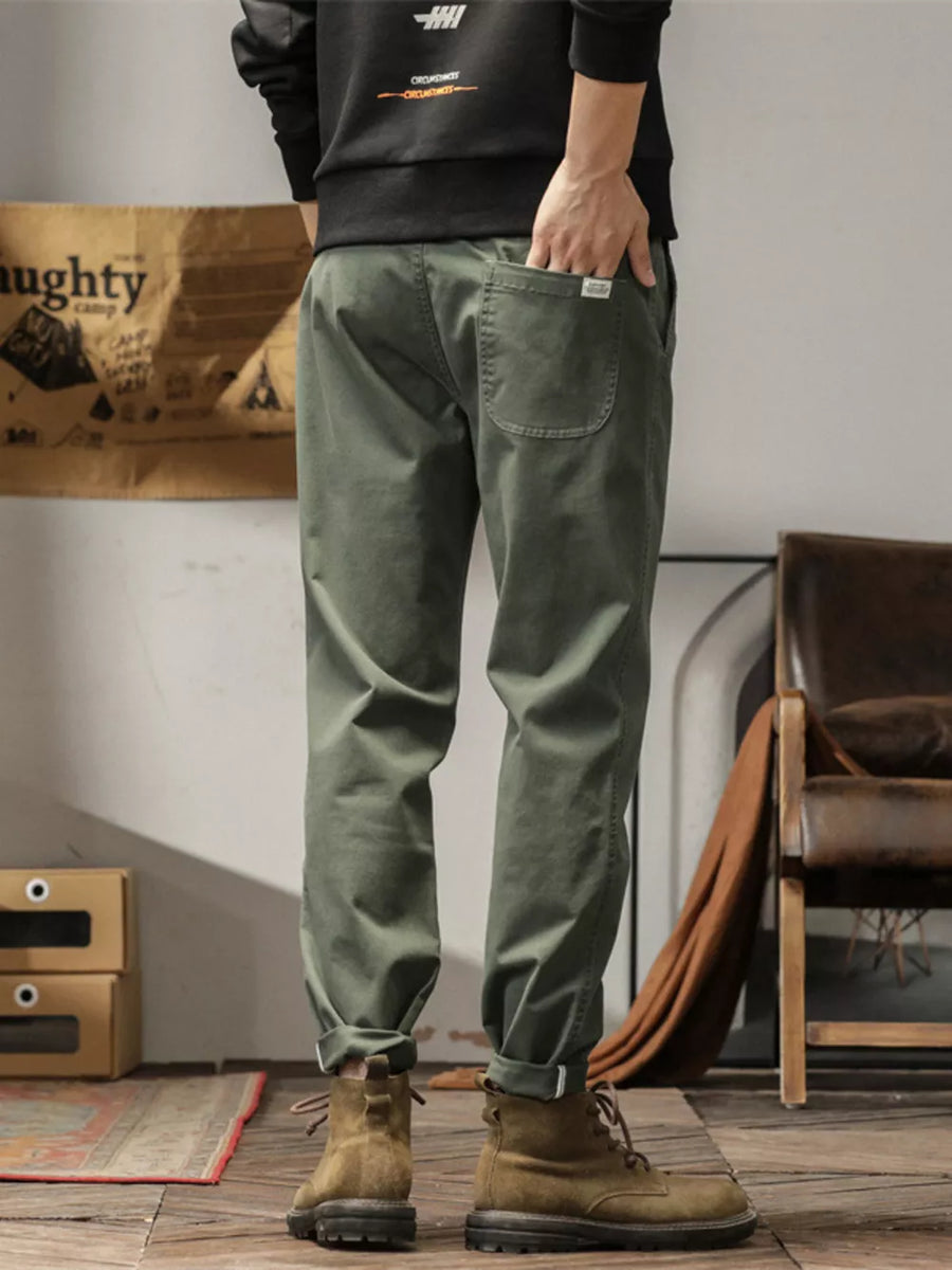 Men's plus size slim fit ankle pants in military green with a back pocket detail.