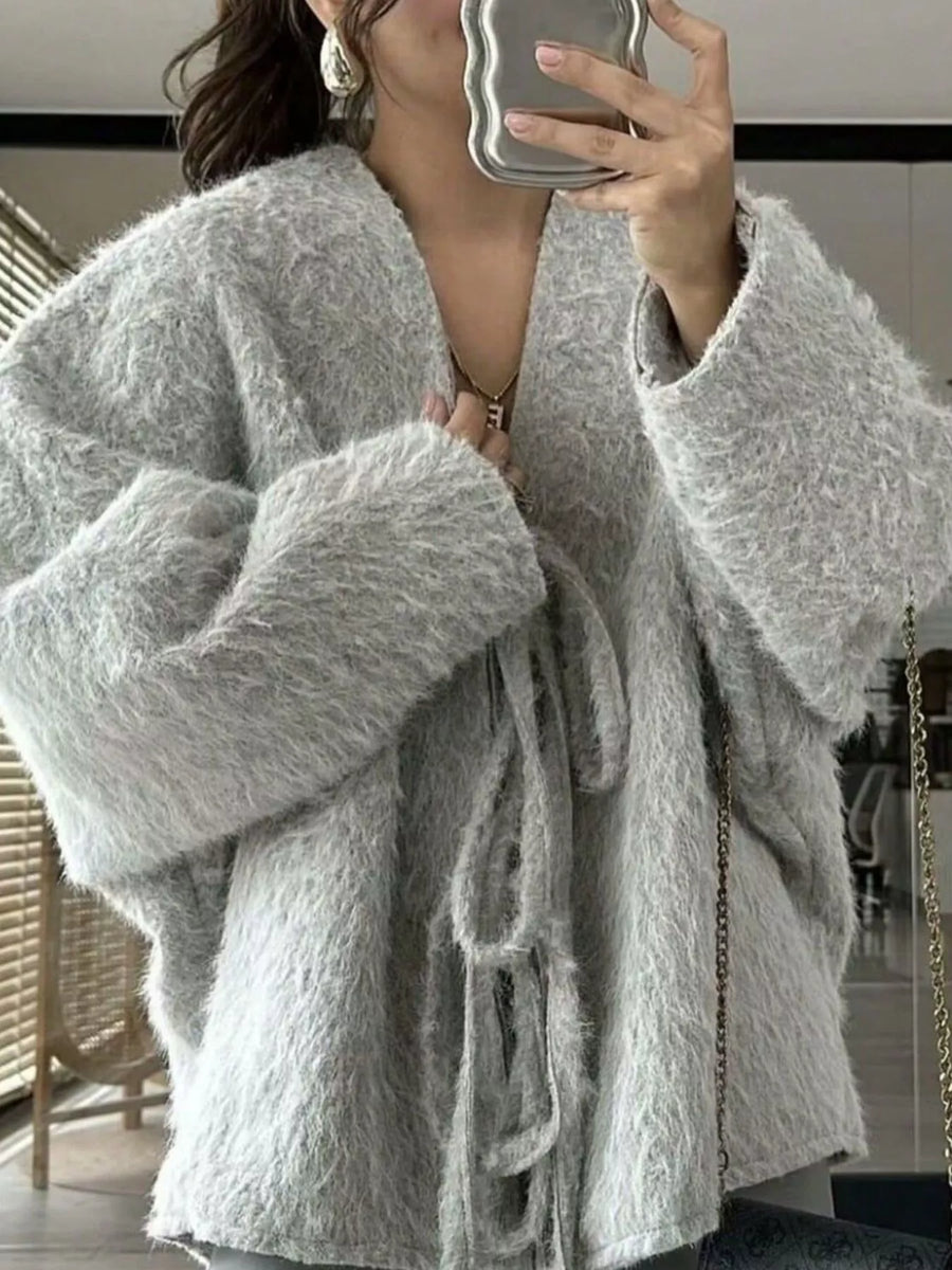 Textured knit tie-front cardigan in Silver Gray with fuzzy material and wide sleeves.