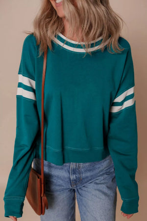 French Blue Contrast Striped Patchwork Sweatshirt
