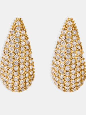 Gold teardrop stud earrings with pavé-set clear crystals and beaded accents.