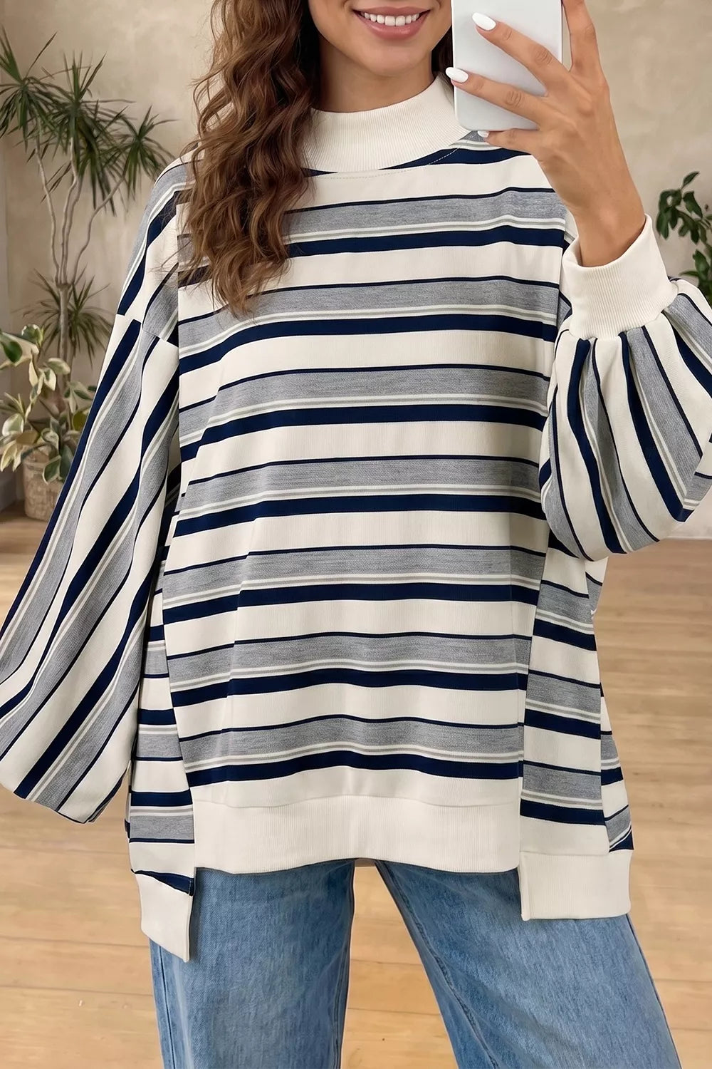Stripe Striped Ribbed Stand Neck Sweatshirt