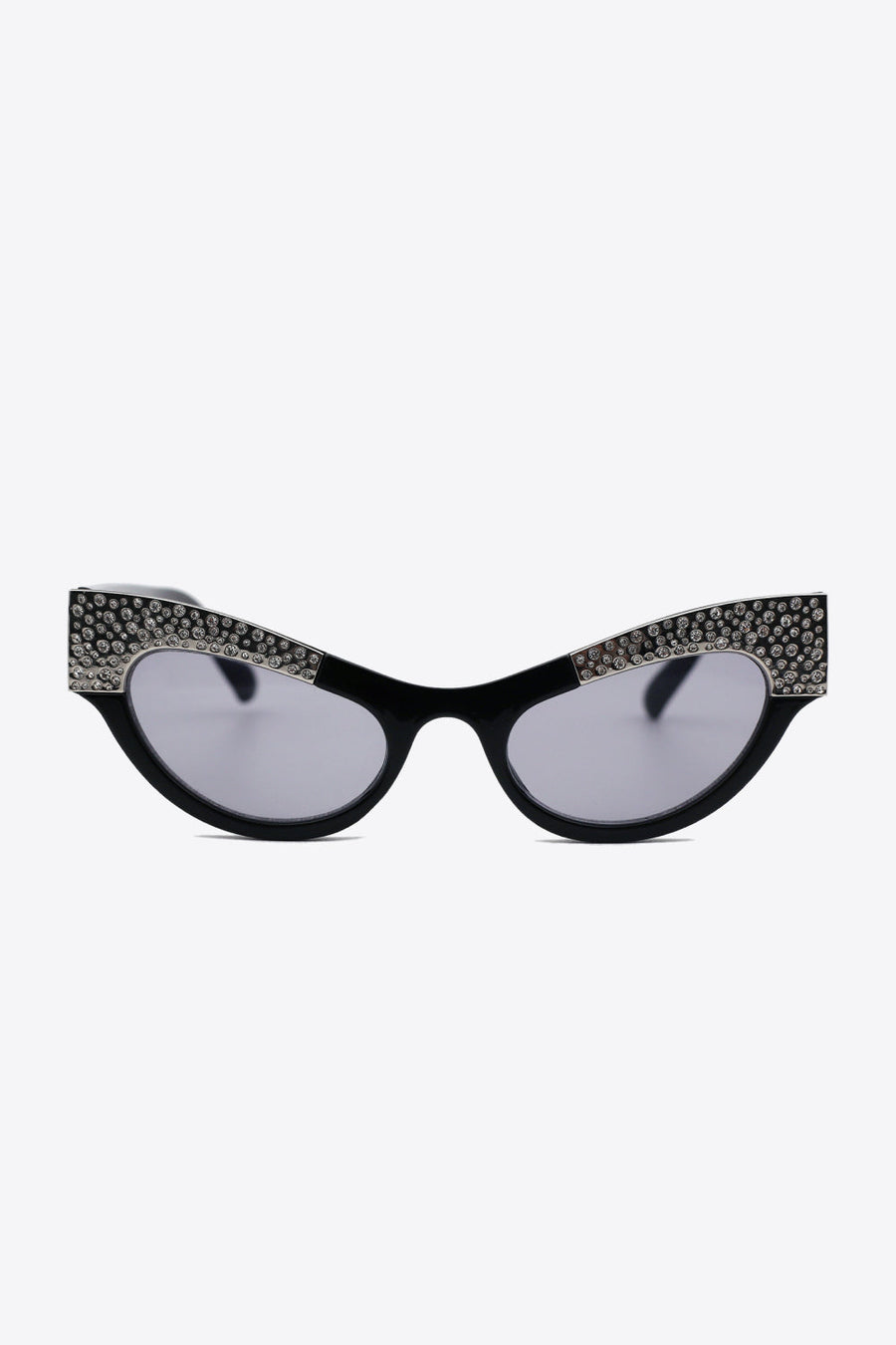 Black cat-eye sunglasses with crystal embellishments on acetate frames
