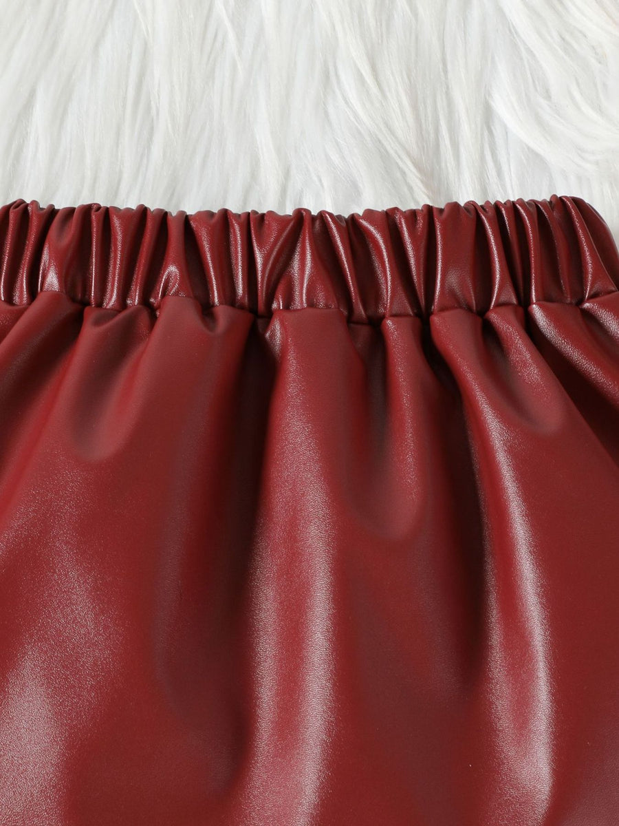 Wine red faux leather toddler skirt with elastic waistband detail