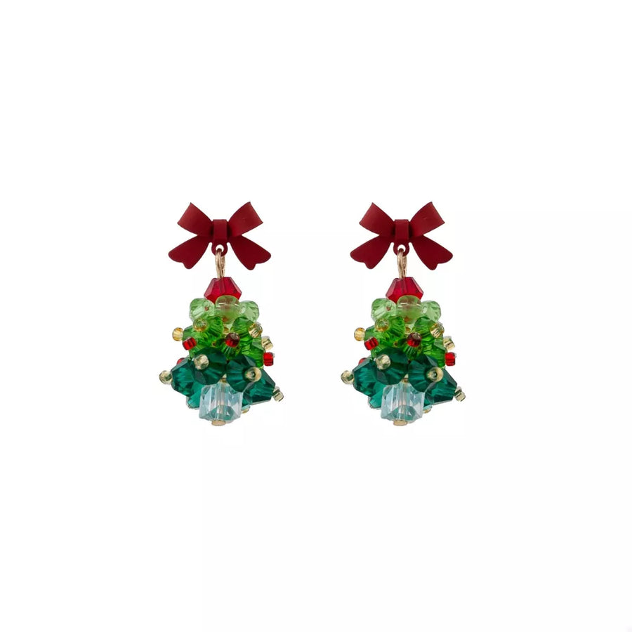 earrings in scarlet red with Christmas tree motif and dangle