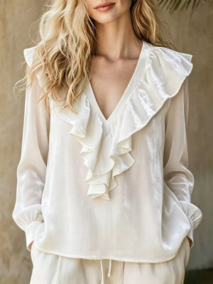 Full Size Ruffled V-neck Long Sleeve Blouse in White
