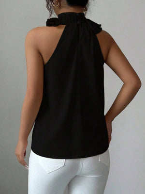 Black ruffled high neck sleeveless top with button closure at back neck